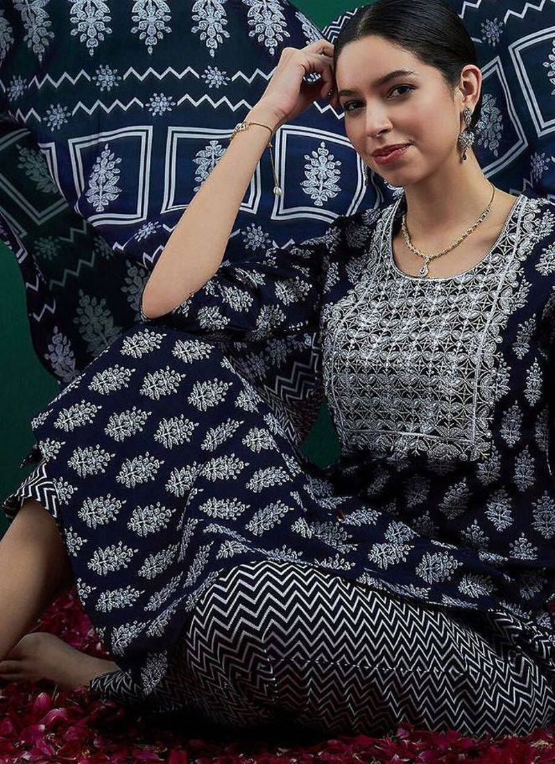 Ethnic motifs printed thread work straight kurta with trousers & dupatta