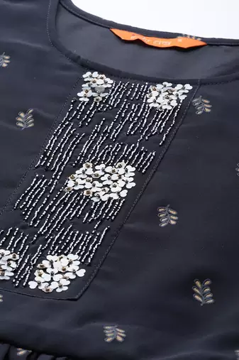 Women navy blue printed pleated beads and stones kurta with sharara