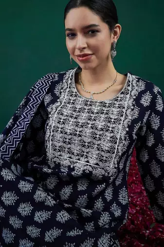Ethnic motifs printed thread work straight kurta with trousers & dupatta
