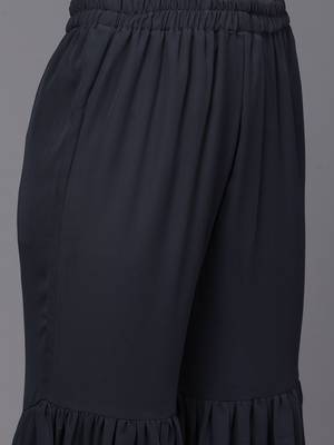 Women navy blue printed pleated beads and stones kurta with sharara 4