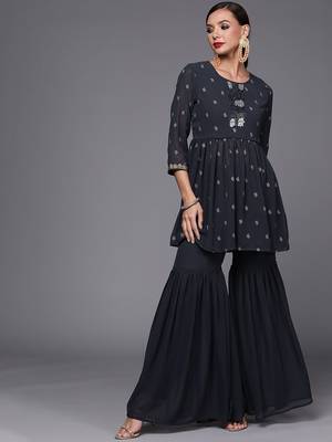 Women navy blue printed pleated beads and stones kurta with sharara 5