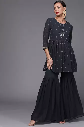 Women navy blue printed pleated beads and stones kurta with sharara