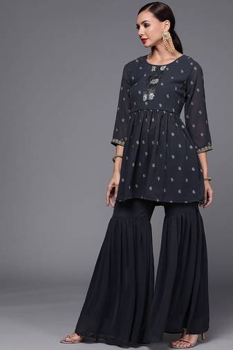 Women navy blue printed pleated beads and stones kurta with sharara