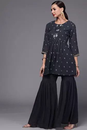 Women navy blue printed pleated beads and stones kurta with sharara
