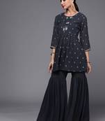 Women navy blue printed pleated beads and stones kurta with sharara