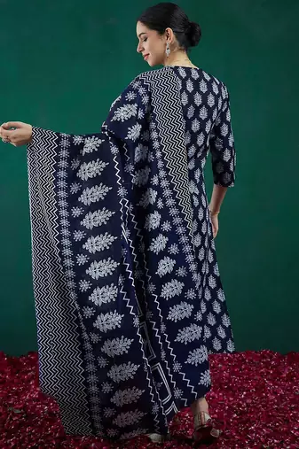 Ethnic motifs printed thread work straight kurta with trousers & dupatta
