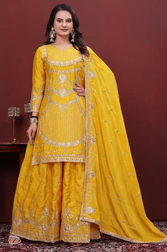 Yellow chinon silk party wear embroidery anarkali suit set