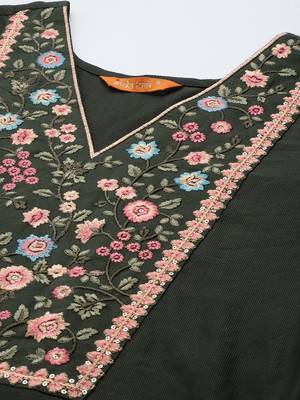 Women green yoke design embroidered liva kurta with palazzos & dupatta 3