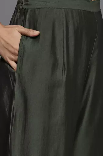 Women green yoke design embroidered liva kurta with palazzos & dupatta