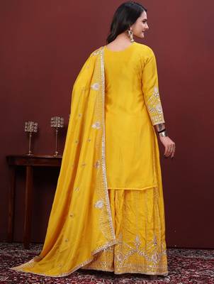 Yellow chinon silk party wear embroidery anarkali suit set 4