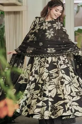 Black maslin cotton digital print anarkali suit set