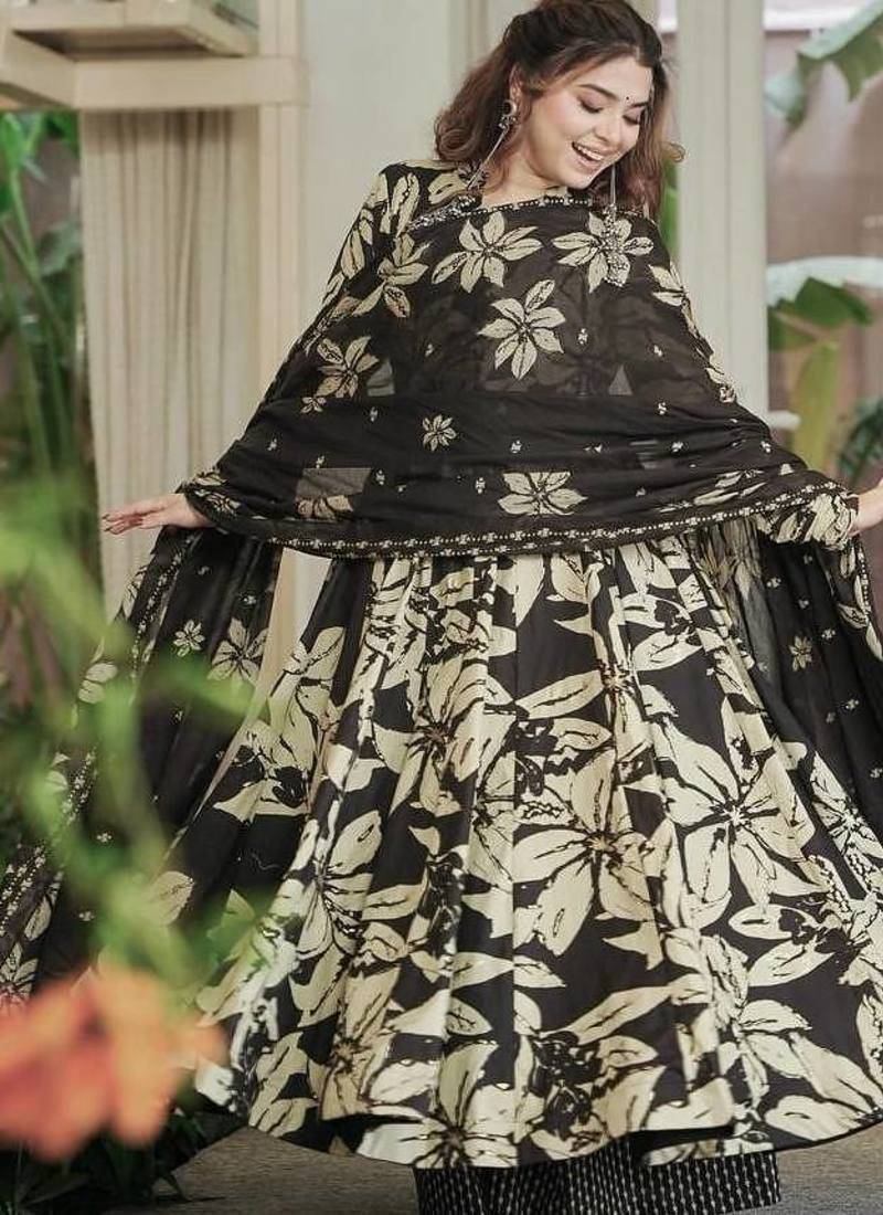 Black maslin cotton digital print anarkali suit set