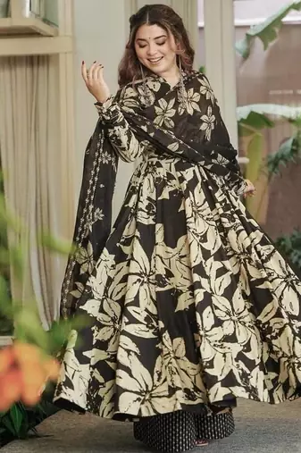 Black maslin cotton digital print anarkali suit set