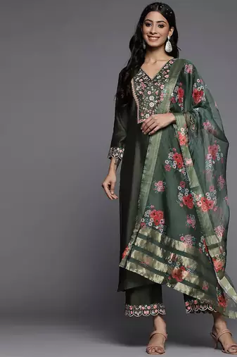 Women green yoke design embroidered liva kurta with palazzos & dupatta