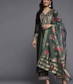 Women green yoke design embroidered liva kurta with palazzos & dupatta
