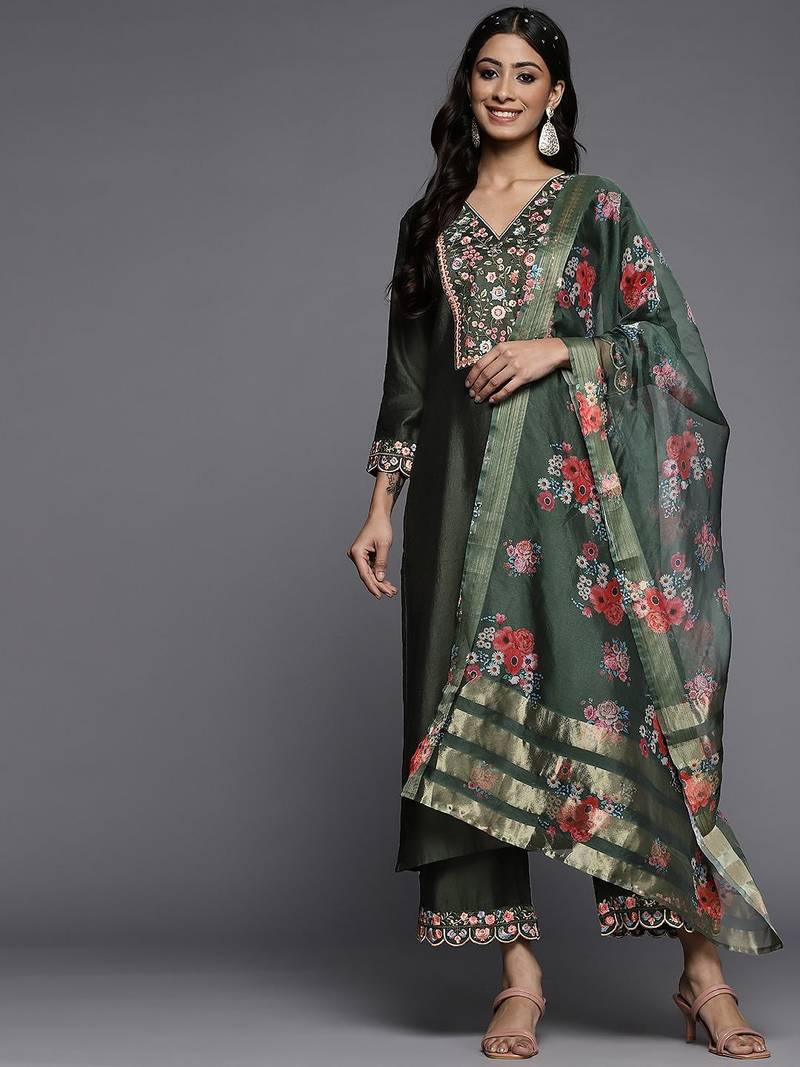 Women green yoke design embroidered liva kurta with palazzos & dupatta