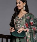 Women red ethnic motifs embroidered sequinned liva kurta with trousers & dupatta