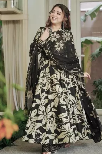 Black maslin cotton digital print anarkali suit set