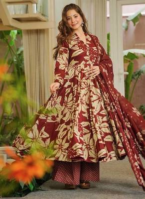 Red  maslin cotton digital print anarkali suit set 1