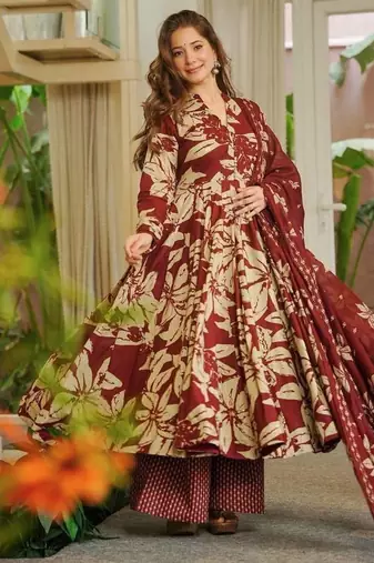 Red  maslin cotton digital print anarkali suit set