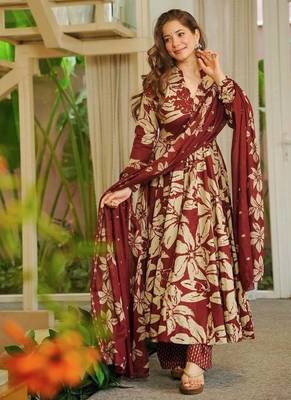 Red  maslin cotton digital print anarkali suit set 2