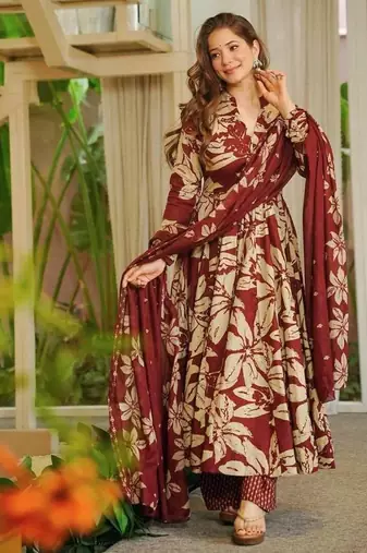 Red  maslin cotton digital print anarkali suit set