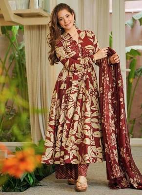 Red  maslin cotton digital print anarkali suit set 3