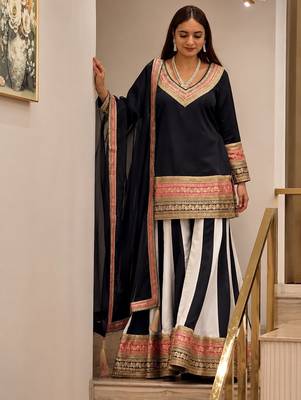 Multicolor crep silk party wear embroidery sharara palazzo suit set 2