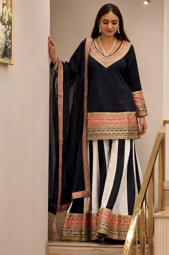 Multicolor crep silk party wear embroidery sharara palazzo suit set