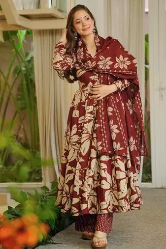 Red  maslin cotton digital print anarkali suit set