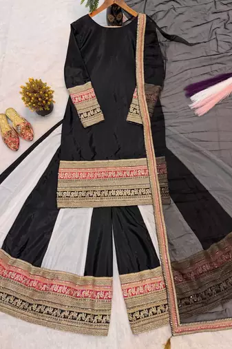 Multicolor crep silk party wear embroidery sharara palazzo suit set
