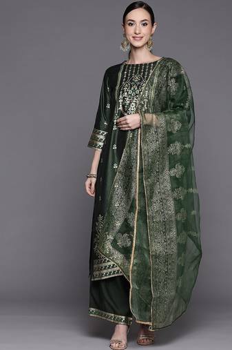 Women green ethnic motifs printed liva kurta with palazzos & with dupatta