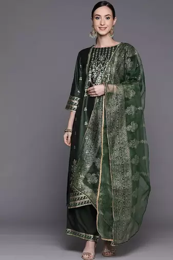 Women green ethnic motifs printed liva kurta with palazzos & with dupatta