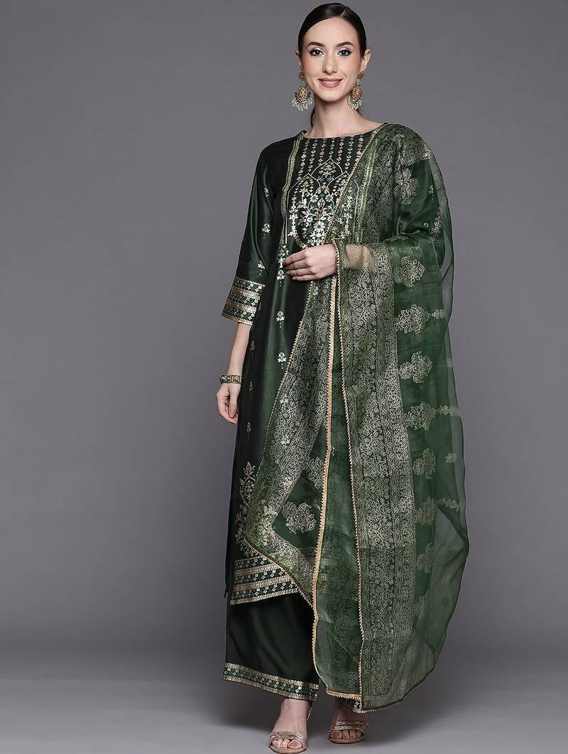 Women green ethnic motifs printed liva kurta with palazzos & with dupatta