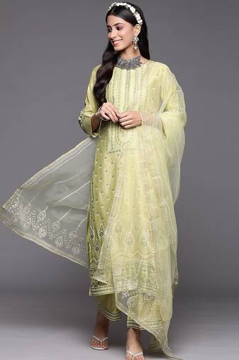 Women green floral printed liva kurta with palazzos & with dupatta