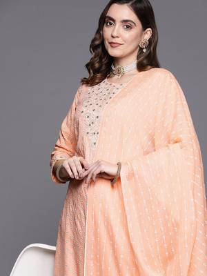 Women peach-coloured embroidered mirror work kurta with trousers & dupatta 2
