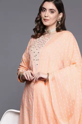 Women peach-coloured embroidered mirror work kurta with trousers & dupatta