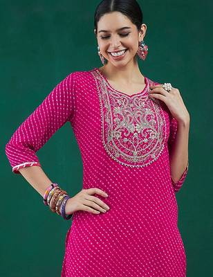 Leheriya printed thread work straight kurta 1