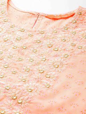 Women peach-coloured embroidered mirror work kurta with trousers & dupatta 3