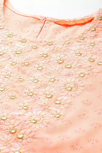Women peach-coloured embroidered mirror work kurta with trousers & dupatta