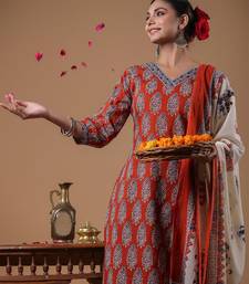 Women rust ethnic motifs printed regular pure cotton kurta with trousers & with dupatta