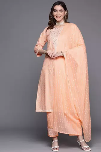 Women peach-coloured embroidered mirror work kurta with trousers & dupatta