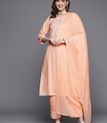 Women peach-coloured embroidered mirror work kurta with trousers & dupatta