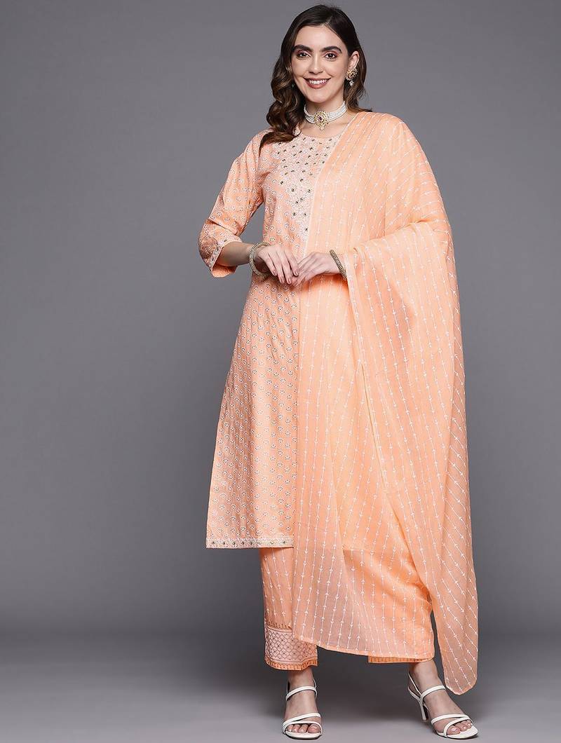 Women peach-coloured embroidered mirror work kurta with trousers & dupatta