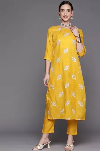 Women mustard yellow & white embroidered sequinned kurta with trousers