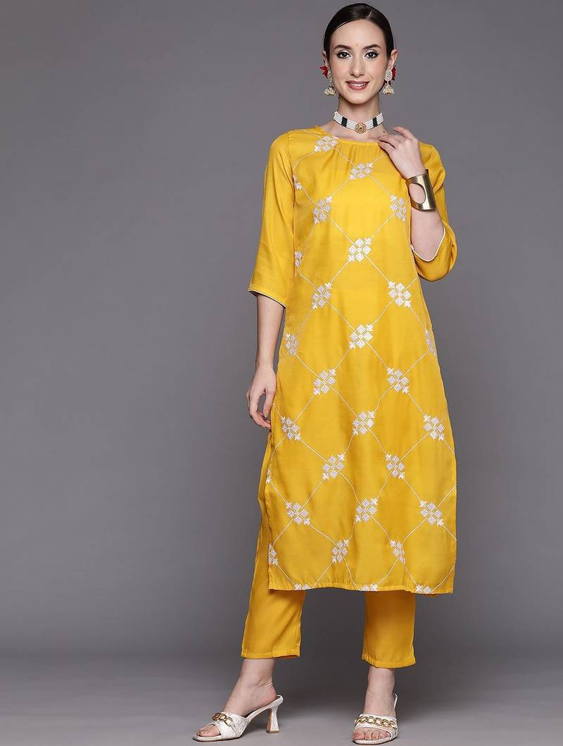 Women mustard yellow & white embroidered sequinned kurta with trousers