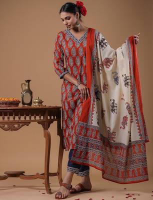 Women rust ethnic motifs printed cotton kurta with trousers & with dupatta 1