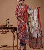 Women rust ethnic motifs printed regular pure cotton kurta with trousers & with dupatta