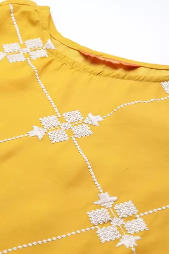 Women mustard yellow & white embroidered sequinned kurta with trousers