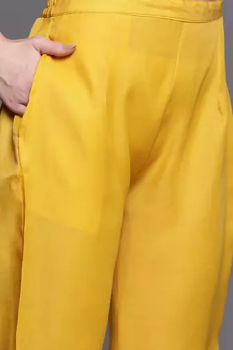 Women mustard yellow & white embroidered sequinned kurta with trousers